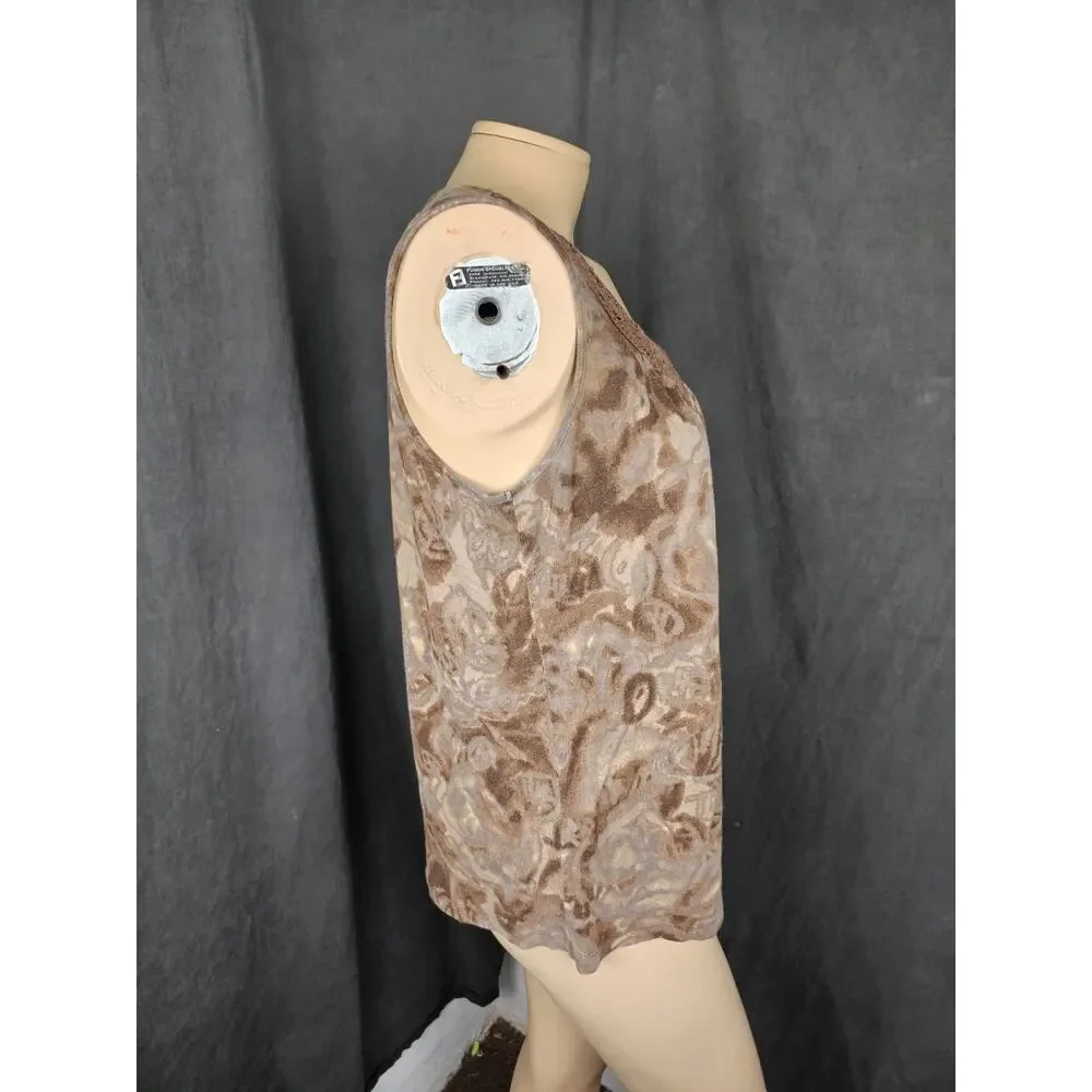 Brown Abstract Floral Boho Tank Top Lace Crochet Trim V Neck Sleeveless Shirt L